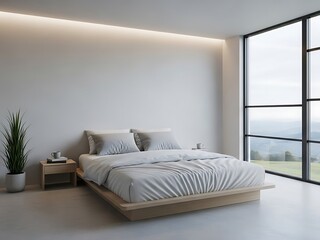 Serene bedroom retreat with minimalist design and scenic landscape view