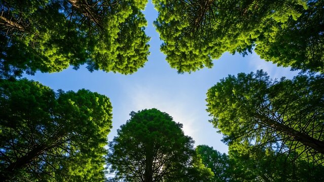 tall green trees against blue sky. - Powered by Adobe