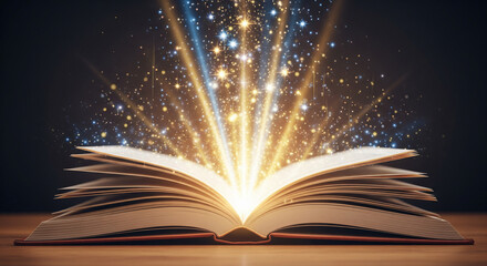 Magical open book with light flashes and visual effects for International Book Day , magic, open book