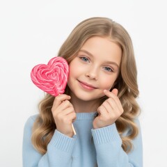Beautiful young girl holding pink heart shaped lollipop and making finger heart gesture for Valentine Day and sweet candy concept