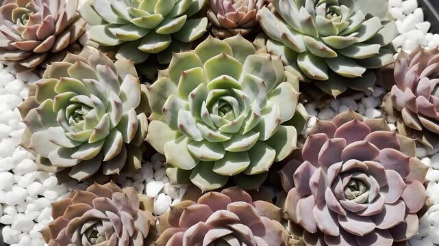 Vibrant Echeveria succulents thrive in a sunny garden, displaying beautiful green and purple rosettes on white pebbles, ideal for gardening, plant care, home decor, and botanical content.