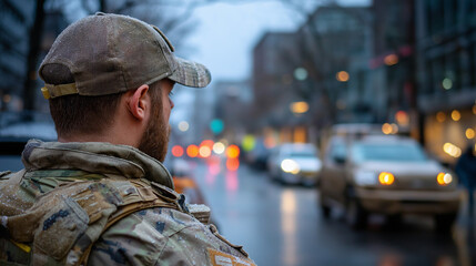 Faceless special forces officer amid dark urban unrest, wet streets visible, maintaining order, law enforcement presence, security operation scene, with copy space