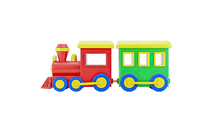 Red and green toy train with yellow trim on white background