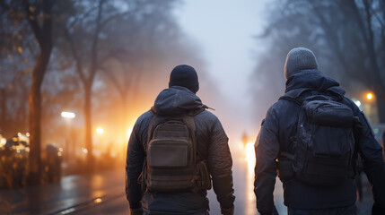 Faceless officers in tactical gear walking through foggy urban street, patrol mission scene, cold weather operation, serious focused presence, security coordination, with copy spac