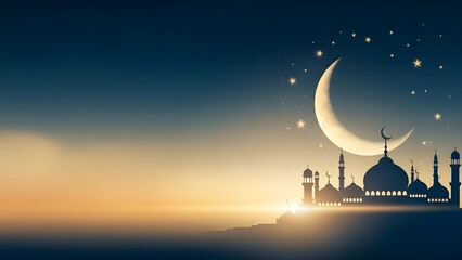 Ramadan Kareem Illuminated Crescent Moon and Mosque Silhouette Under a Starry Night Sky