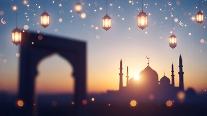 Beautiful Ramadan lanterns illuminate an Islamic mosque at sunset with warm, glowing lights and a bokeh effect, celebrating faith and culture