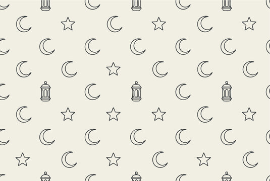 Seamless Islamic pattern with crescent moon, star, and lantern outline icons