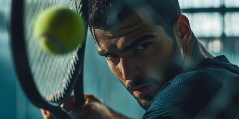 A man playing tennis in motion with a focused expression