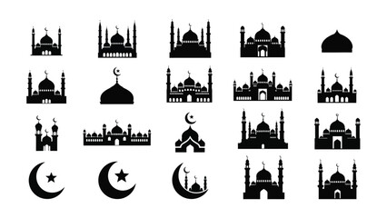Collection of black silhouette mosque icons and crescent moon symbols on white background for islamic design elements