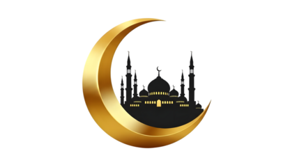 Ramadan kareem crescent moon isolated on transparent background with mosque silhouette