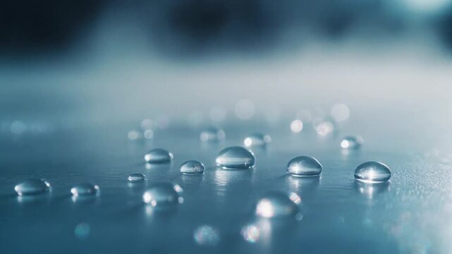 Captivating close-up of crystal-clear water droplets shimmering on a cool, reflective surface, creating a serene and refreshing abstract pattern, evoking purity and natural condensation
