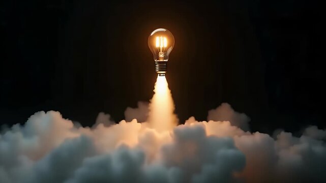 Glowing lightbulb launching into clouds with bright idea