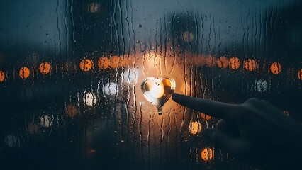 A hand draws a heart on a rainy window with blurred city lights.