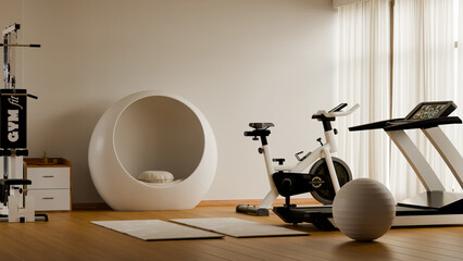 Modern home gym interior with treadmill, exercise bike, and minimalist relaxation pod in the trending cloud dancer 2026 color palette- 3D rendering