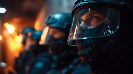Dramatic close-up of tactical officers in black uniforms, faceless team with protective eyewear and masks, dark tunnel background, intense security atmosphere, with copy space