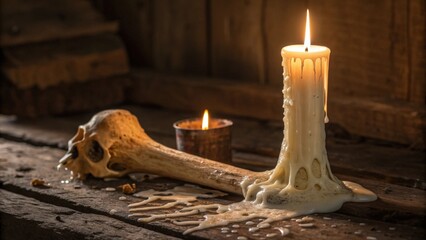 Melting Bone and Candle in Surreal, Dripping Wax Light
