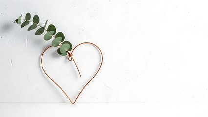 Copper heart with eucalyptus branch lies on a white textured background.