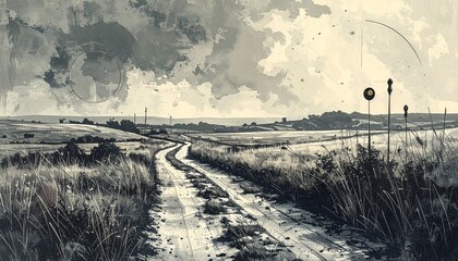 Watercolor landscape with a winding path and a structure