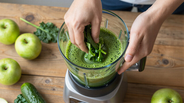 Hands adding fresh spinach to a vibrant green smoothie in a blender on a rustic wooden table for a healthy lifestyle concept and natural nutrition - Powered by Adobe