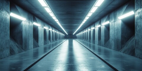 Fototapeta premium A long tunnel with lights on the ceiling. The tunnel is empty