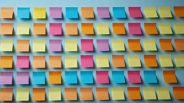 A visually appealing and dynamic display of colorful sticky notes on a blue background, perfect for illustrating organization, planning, and creativity in a modern office setting.