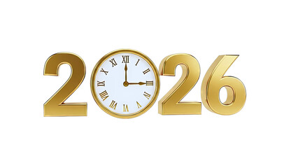 Golden Year 2026 with Clock on White Background
