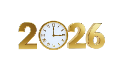 Golden Year 2026 with Clock on White Background