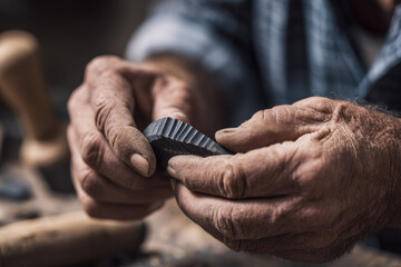 Lichtenberg pattern on wood burn surface held by elderly hands showing intricate craftsmanship and rustic texture in woodworking workshop