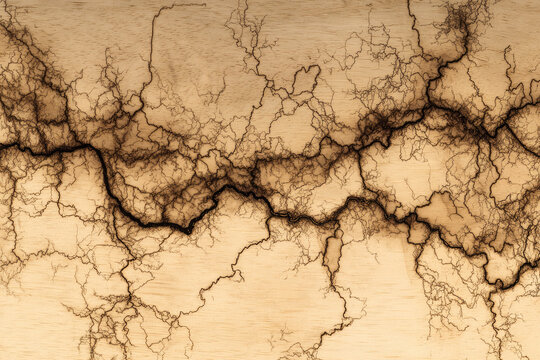 Lichtenberg wood burn pattern displays intricate branching lines across natural wood surface creating dramatic abstract design with organic texture and unique visual impact