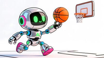 Cute AI robot performing a basketball free throw with glowing green laser eyes aiming for the basket, symbolizing extreme precision.