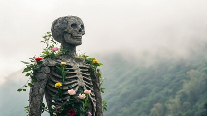 Stone Skeleton Statue With Flowers in Misty Landscape