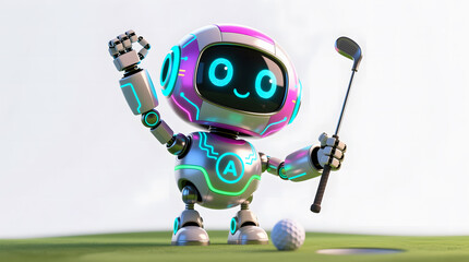 Cute AI robot golfer celebrating a successful putt with a joyful pose, isolated on white.