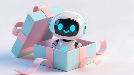 A cute, smiling AI robot pops out of a pastel blue and pink gift box, acting as the ultimate surprise celebration present.