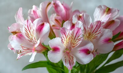 Obraz premium a bouquet of alstroemeria, also known as the peruvian lily, in white and pink with red stripes, exuding elegance and beauty.
