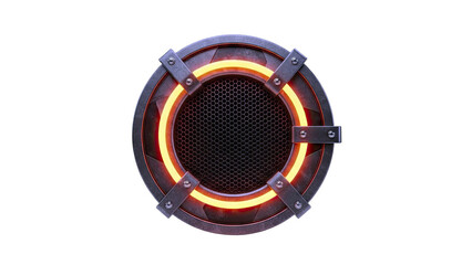 Sci-fi circular metallic object with glowing orange rim and grille