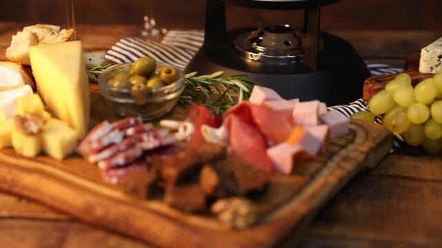Fondue with tasty melted cheese, snacks and wine on wooden table. Camera moving up