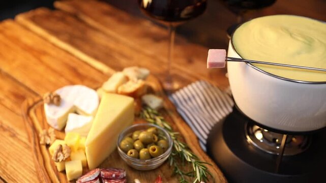 Fondue with tasty melted cheese, snacks and wine on wooden table. Camera moving left