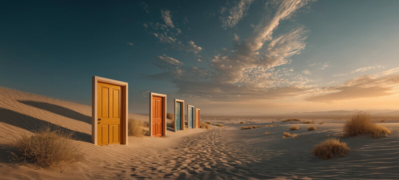 Desert of Doors: A row of colorful doors stands in the midst of a vast desert, beckoning viewers to imagine the choices and possibilities that lie beyond.