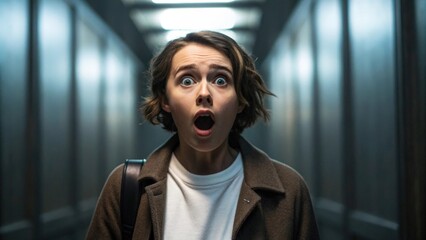 Young woman with eyes wide open in surprise and fear