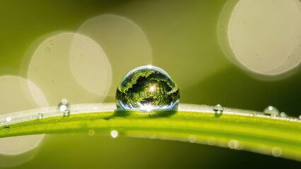 Water droplet reflects lush green landscape