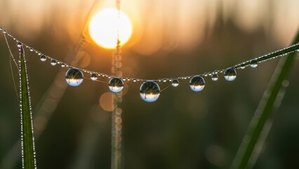 Dewdrops reflecting golden sunlight on blade