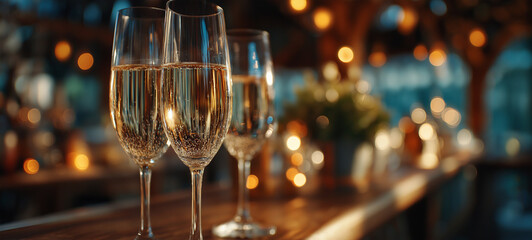 Sparkling Celebration: Three elegant champagne glasses stand in a row, filled with effervescent liquid, bathed in the soft glow of festive lights, setting the stage for a toast of joy and celebration.
