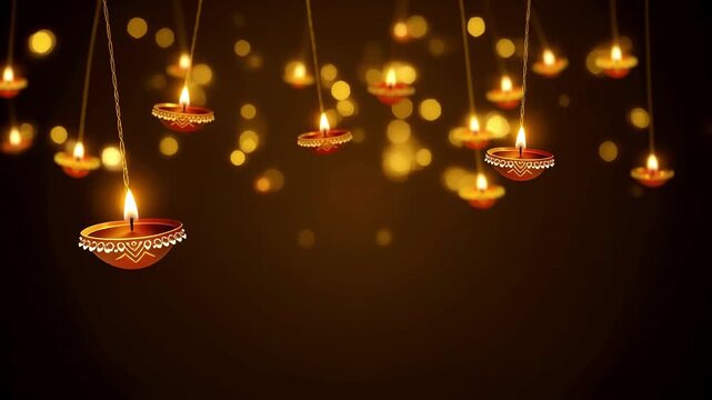 A serene Diwali scene with glowing diyas hanging in the darkness, creating a festive ambiance