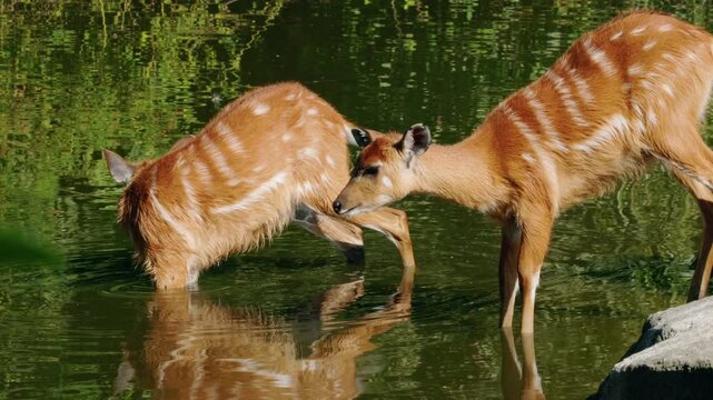 Two sitatunga antelopes drinking water in shallow pond, striped brown fur reflected on calm surface, peaceful wetland wildlife scene in natural daylight