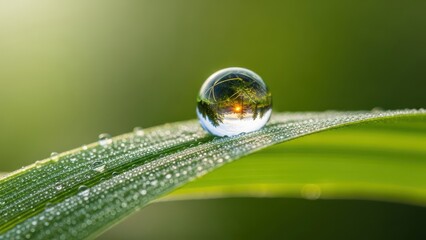 Dewdrop reflects landscape on vibrant green blade