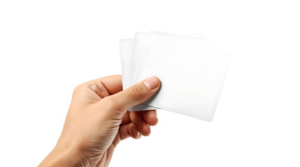 A close-up photograph depicts a human hand from the side,The cards have sharp edges, are unbranded, and without any text or logos, exemplifying a professional product photography style.