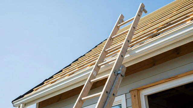 A ladder leaning against a house under construction on a clear day
