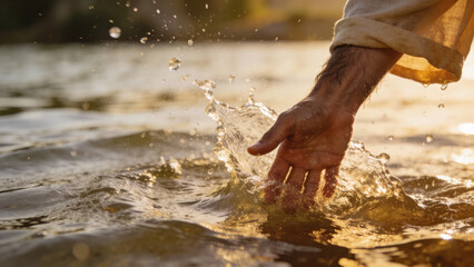 Hand splashing water in golden sunlight by the lakeshore  