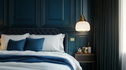 Elegant bedroom setting with a large bed and an elegant table lamp.