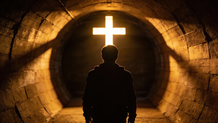 Man contemplating spirituality in front of illuminated cross  